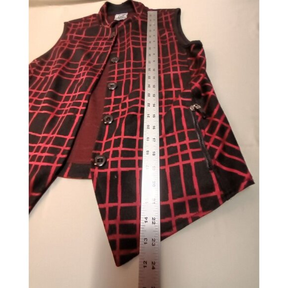 Cafe Au Lait Womens Button Front Black/Red Plaid Vest Medium Zip Pockets Stretch - Picture 8 of 9
